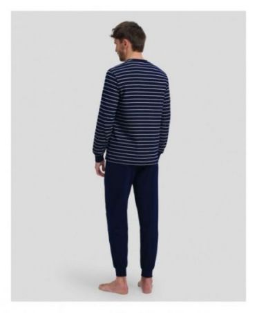 Rear view of men's navy winter pyjamas with stripes