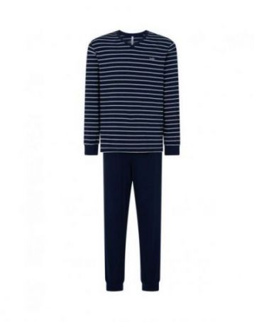 Men's long pyjamas, striped jacket, V-neck, plain long trousers with cuffs.