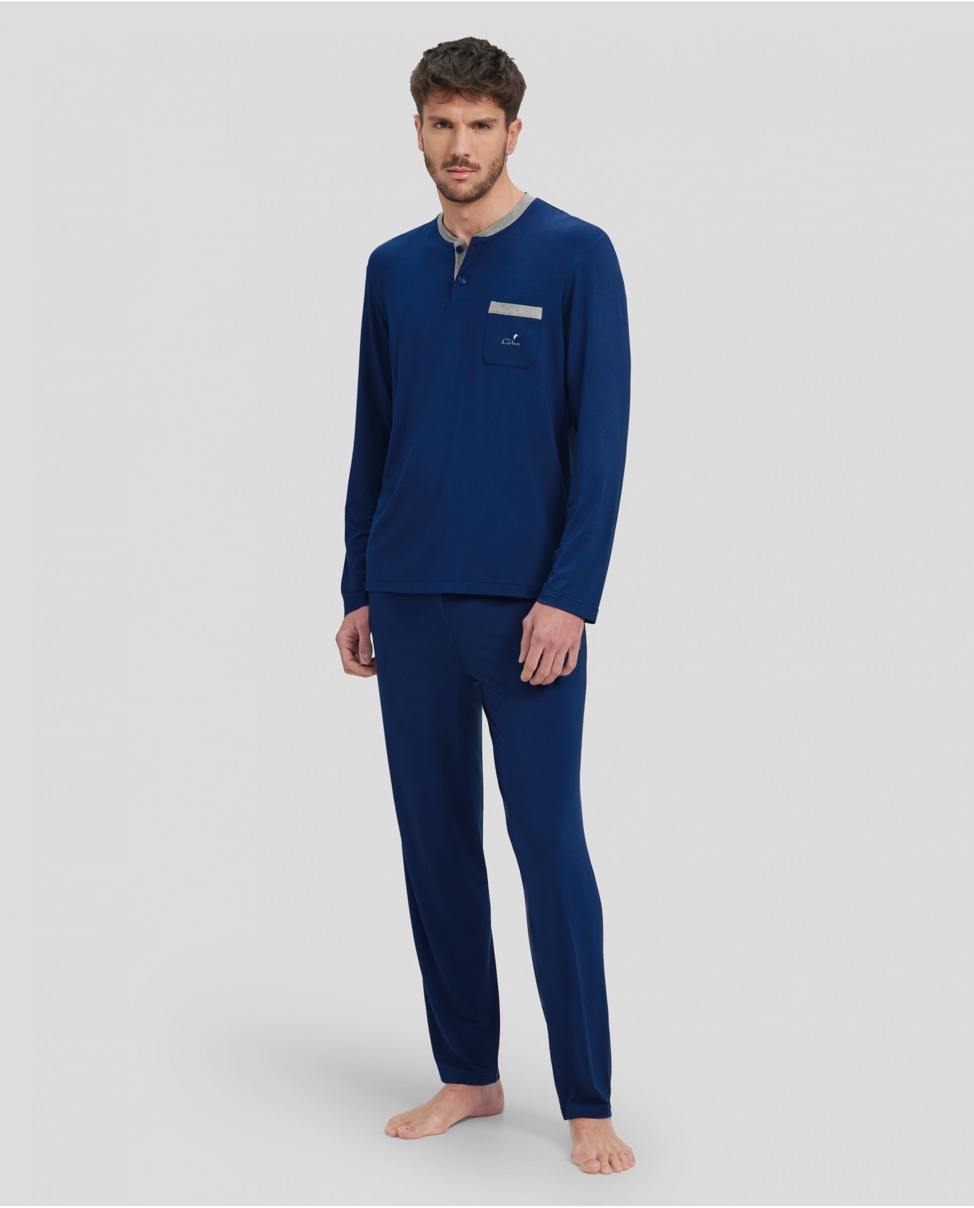 Men's long blue winter pyjamas with button-down collar