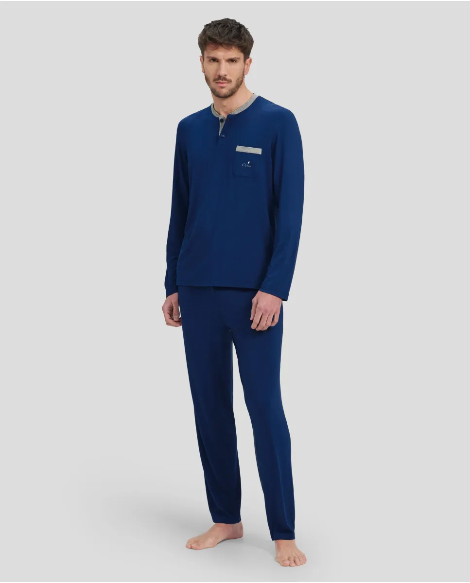 Men's long blue winter pyjamas with button-down collar