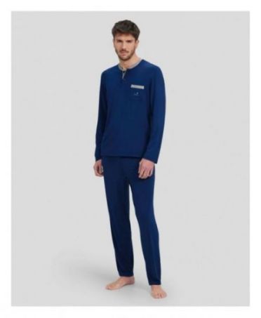 Men's long blue winter pyjamas with button-down collar