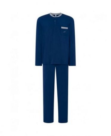 Lohe men's long pyjamas, plain jacket, round neck with buttons, decorative pocket, plain long trousers.