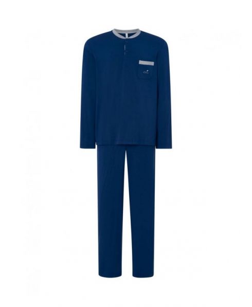 Lohe men's long pyjamas, plain jacket, round neck with buttons, decorative pocket, plain long trousers.