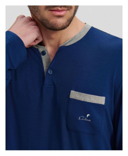 Men's blue winter pyjamas buttoned round collar detail