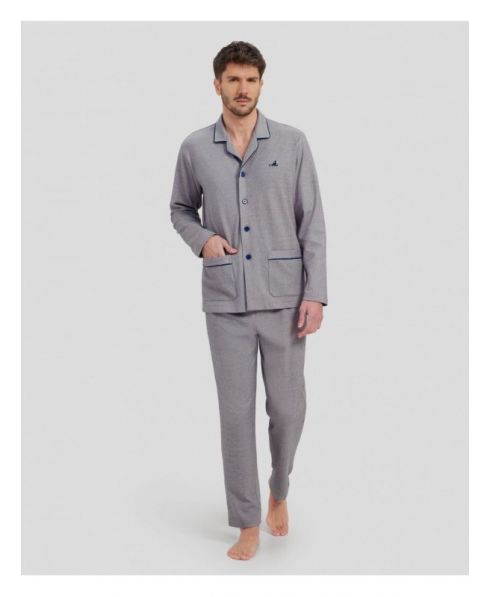 Man in grey plain winter pyjamas with blue piping on the collar