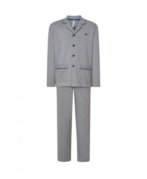 Men's long pyjamas, plain jacket, open with buttons, plaston pockets, plain long trousers.