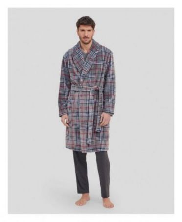 Men's long coat with pockets in grey checked pattern