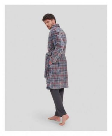 Rear view of grey checked men's long dressing gown with pockets