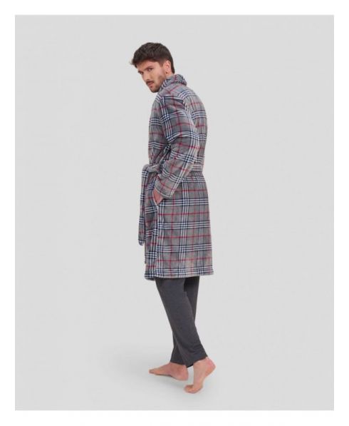 Rear view of grey checked men's long dressing gown with pockets