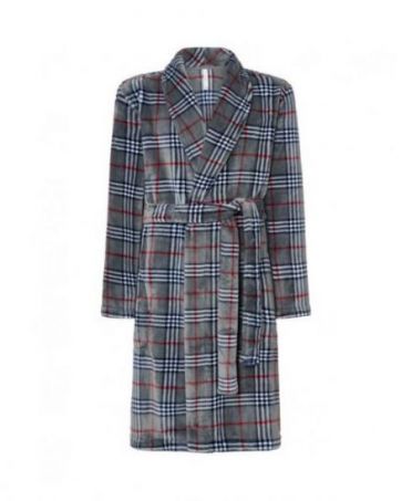 Men's long coat, check print, double breasted with side pockets.