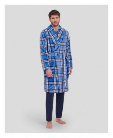 Man in a long, cross checkered winter dressing gown with pockets