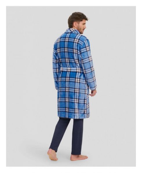 Rear view of blue checkered long winter coat