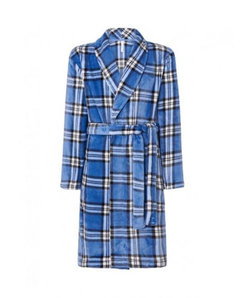 Men's long blue checkered double-breasted dressing gown