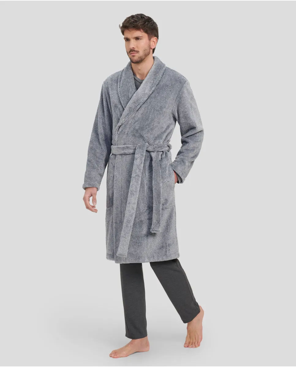 Men's long double-breasted winter coat in grey striped fabric