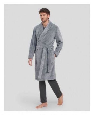 Men's long double-breasted winter coat in grey striped fabric