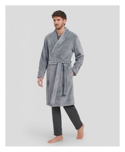 Men's long double-breasted winter coat in grey striped fabric