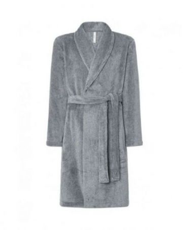 Men's long coat, striped fabric, double breasted with side pockets.