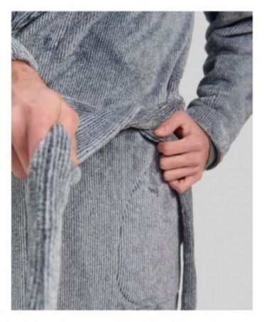 Detail of grey men's dressing gown with belt and side pockets