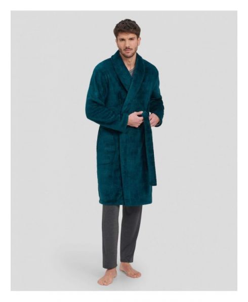 Man in long green double-breasted coat with side pockets