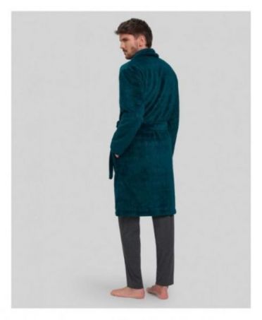 Rear view of men's long green double-breasted coat