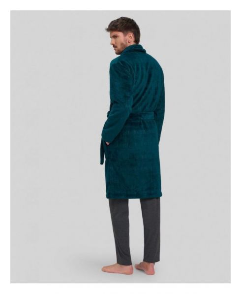 Rear view of men's long green double-breasted coat