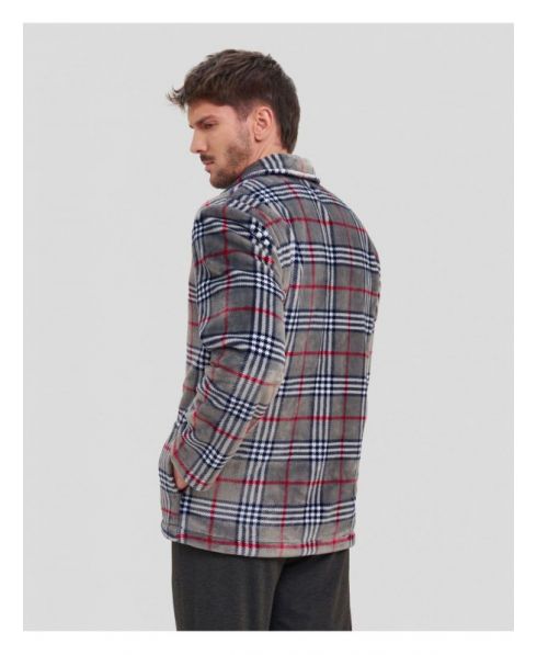 Rear view of man in grey checked winter coat with side pockets