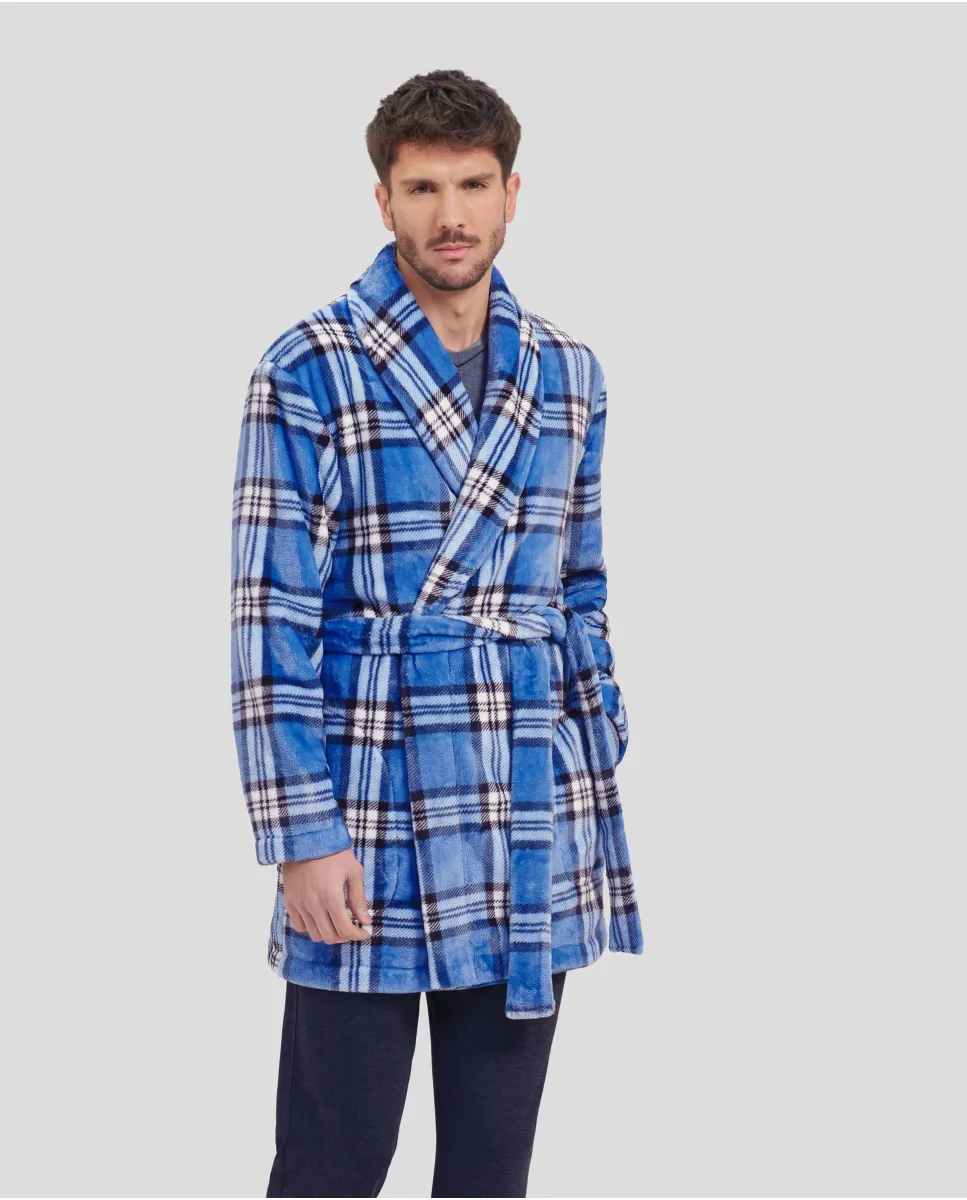 Man in short winter coat with blue checkered double-breasted coat