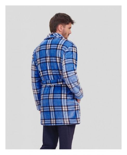 Rear view of man in short blue chequered coat