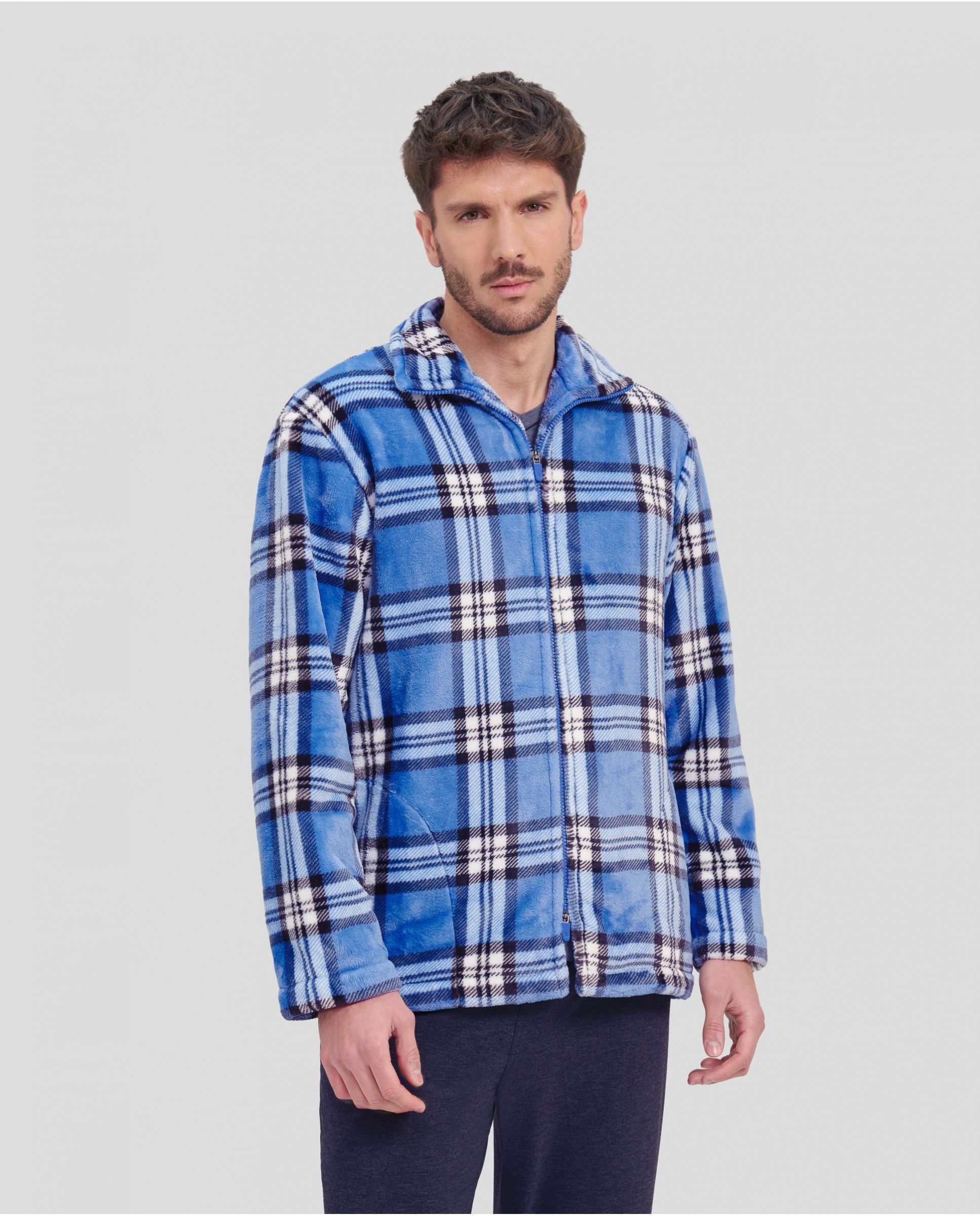 Men's short blue checked zip-up winter coat