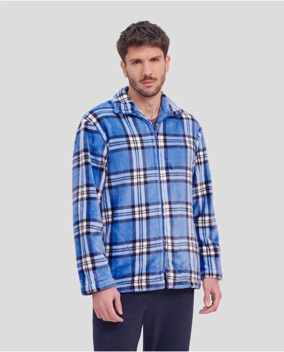 Men's short blue checked zip-up winter coat