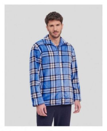 Men's short blue checked zip-up winter coat