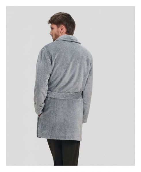 Rear view of men's grey knotted short coat in grey striped fabric