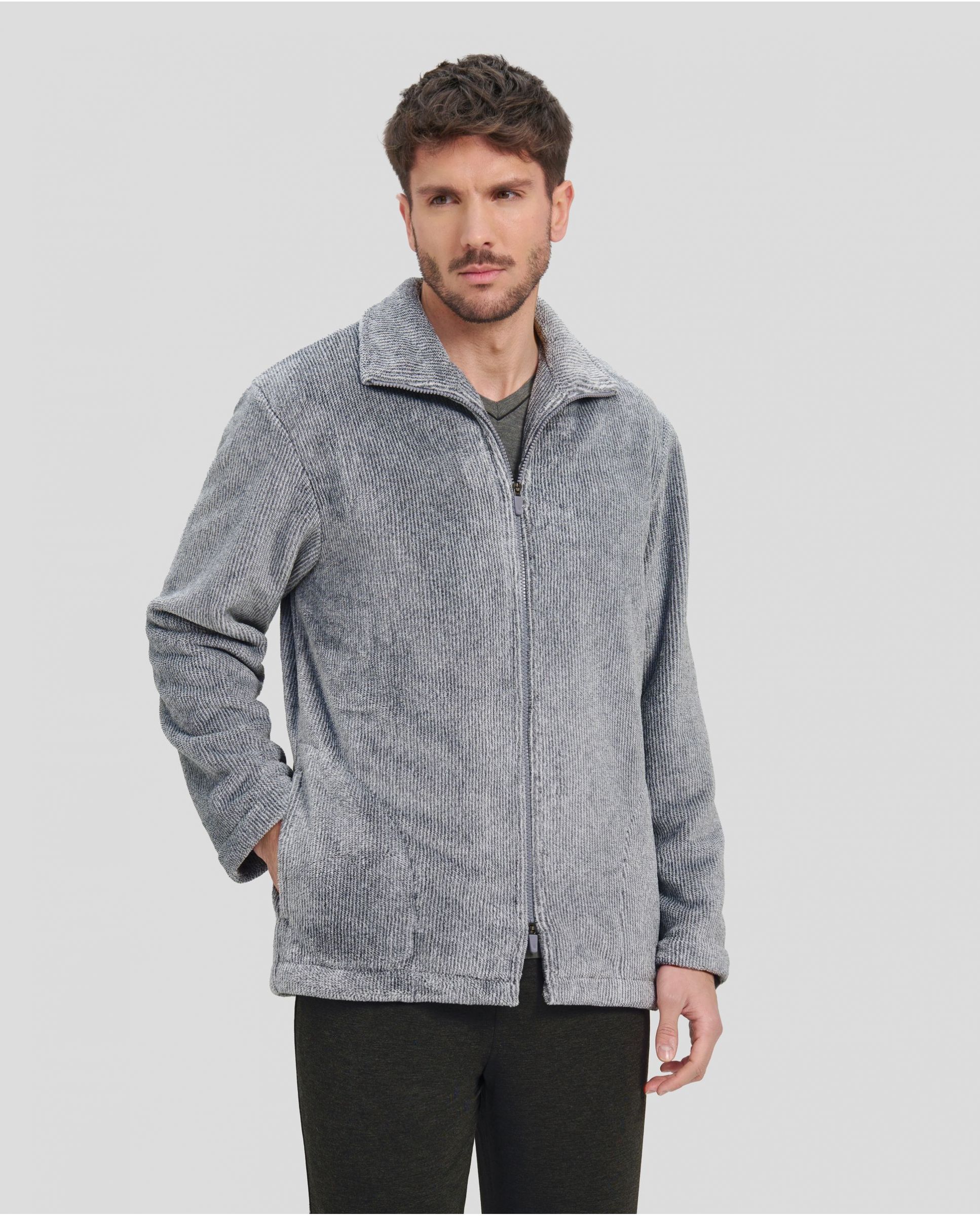 Man in grey short winter coat with zip and pockets