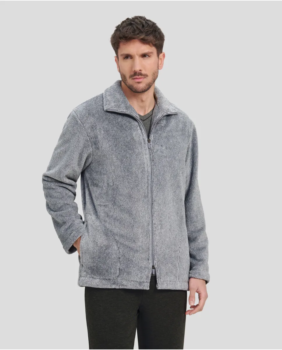 Man in grey short winter coat with zip and pockets