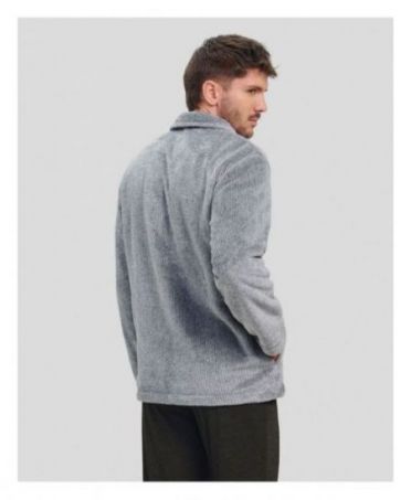 Rear view of grey short winter coat with pockets