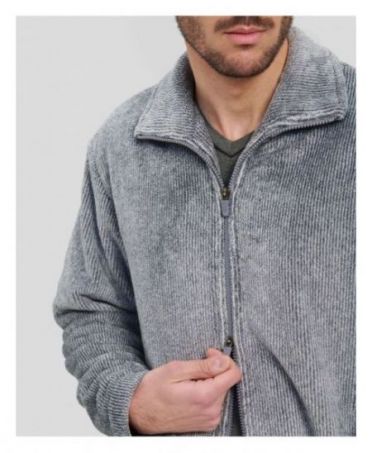 Detail view of a grey men's dressing gown with zip fastener