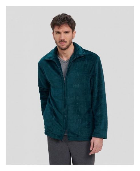 Man in green checked short winter coat with zip and side pockets