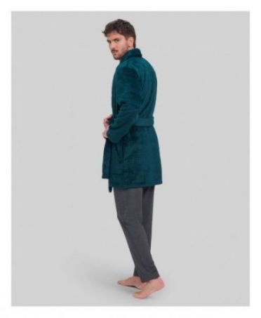 Side view of short green men's dressing gown with belt and pockets