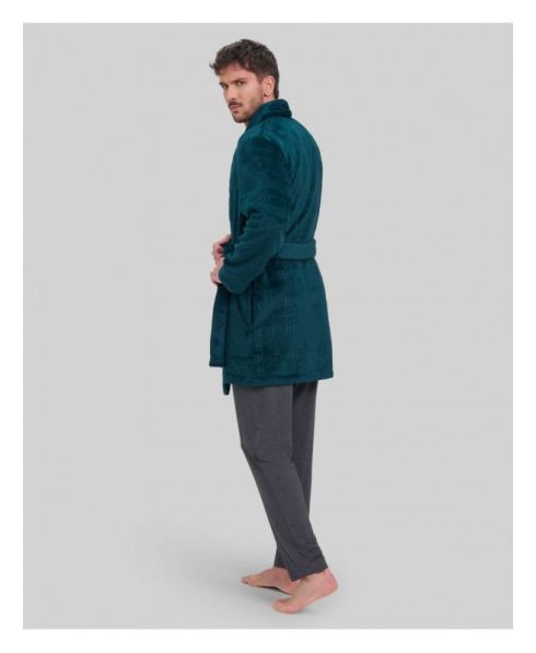 Side view of short green men's dressing gown with belt and pockets