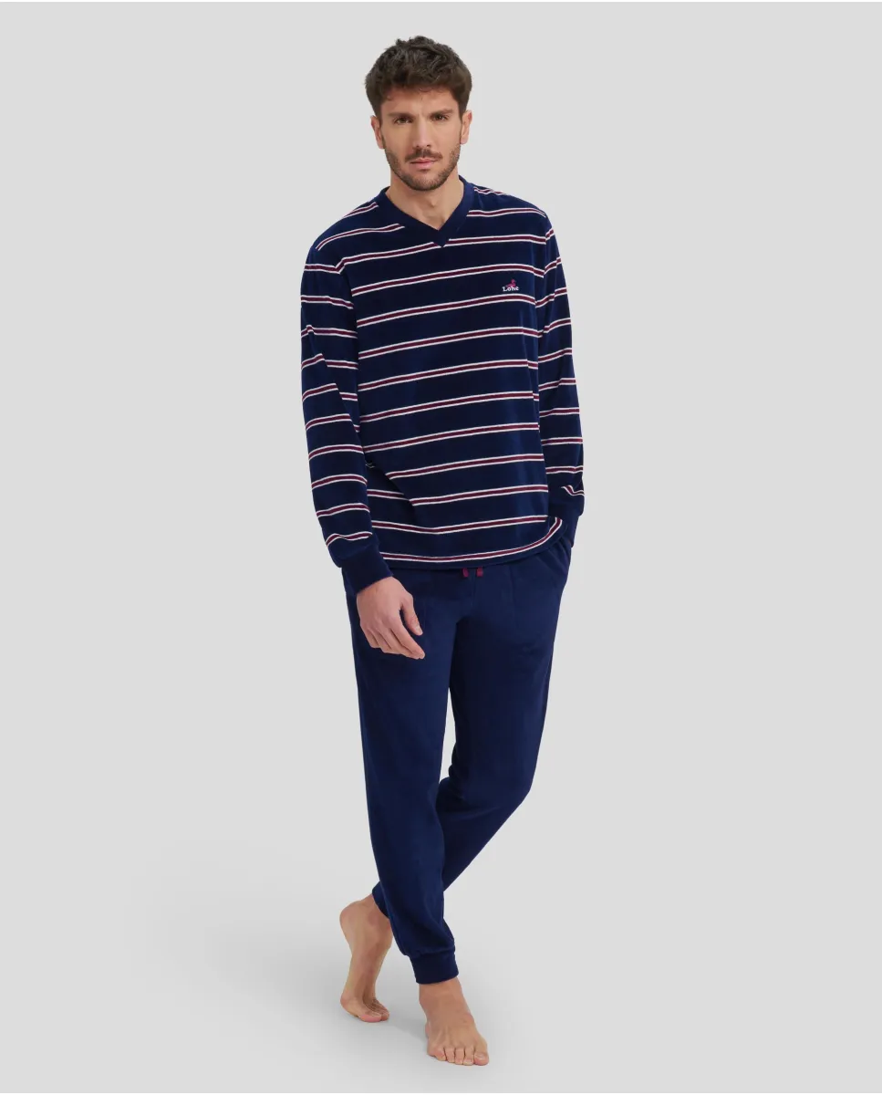 Men's long-sleeved pyjamas for winter in striped velvet with V-neck collar