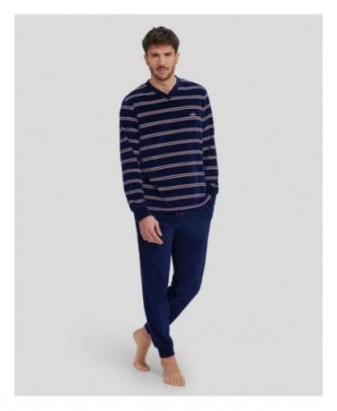 Men's long-sleeved pyjamas for winter in striped velvet with V-neck collar