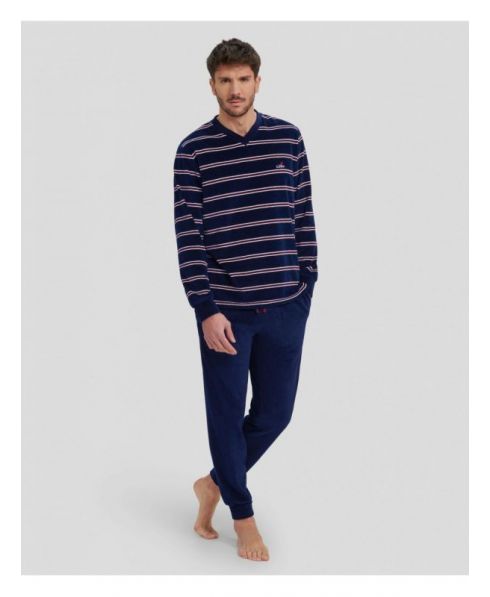 Men's long-sleeved pyjamas for winter in striped velvet with V-neck collar