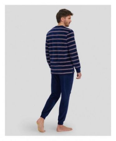 Rear view of men's velvet pyjamas with long sleeves and navy striped cuffs.