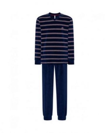 Men's long pyjamas, velvet fabric, striped print with cuffs, V-neck, plain velvet long trousers with cuffs.