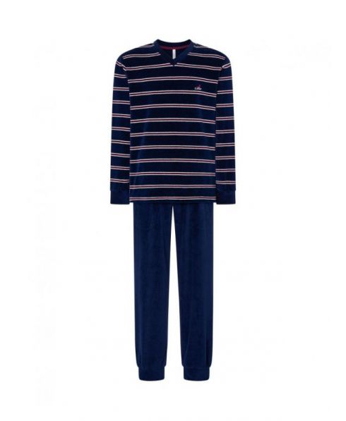 Men's long pyjamas, velvet fabric, striped print with cuffs, V-neck, plain velvet long trousers with cuffs.