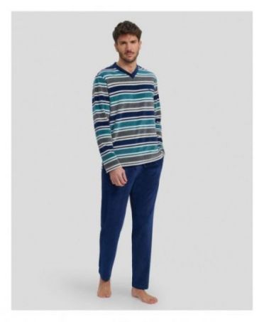 Man with long winter pyjamas in navy and green striped velvet