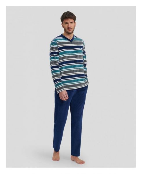 Man with long winter pyjamas in navy and green striped velvet