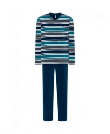 Men's long pyjamas, velvet fabric, striped print, V-neck, plain velvet long trousers.