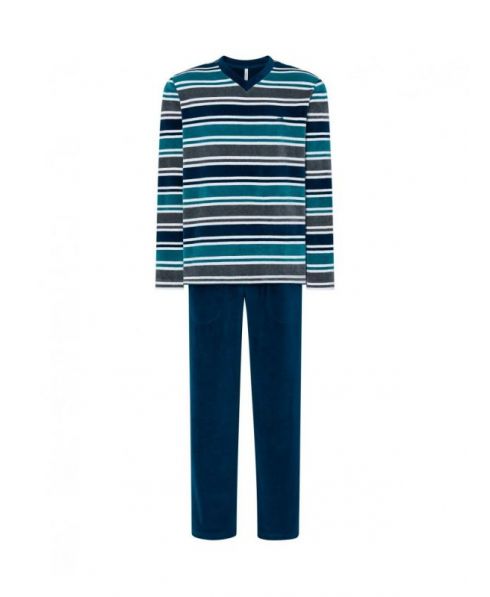 Men's long pyjamas, velvet fabric, striped print, V-neck, plain velvet long trousers.