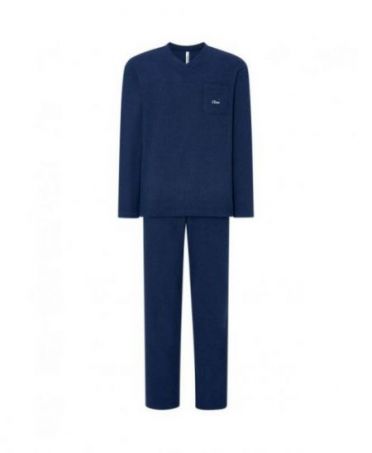 Men's long pyjamas, plain navy fabric, V-neck, plain long trousers.